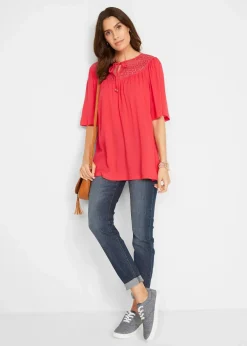 Long-Tunika aus Crinkle, halbarm