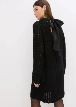 Mini-Strickkleid mit Satin-Schleife und leichter Transparenz