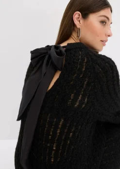 Mini-Strickkleid mit Satin-Schleife und leichter Transparenz