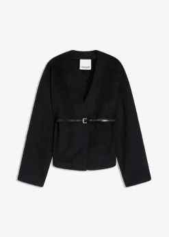 Oversized Blazer mit Gürtel in Wolloptik, ungefüttert