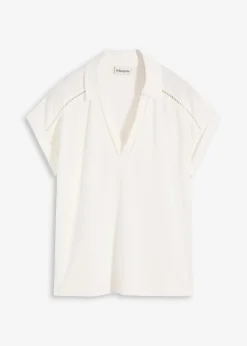 Poloshirt aus Viskose- Pique mit Spitzeneinsatz