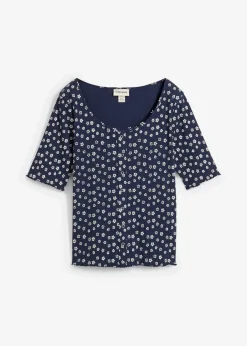 Ripp-Shirt mit Blumendruck, Halbarm