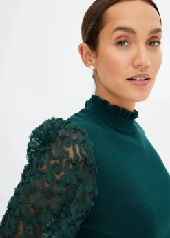 Rollkragenpullover mit dekorativen Chiffonärmeln