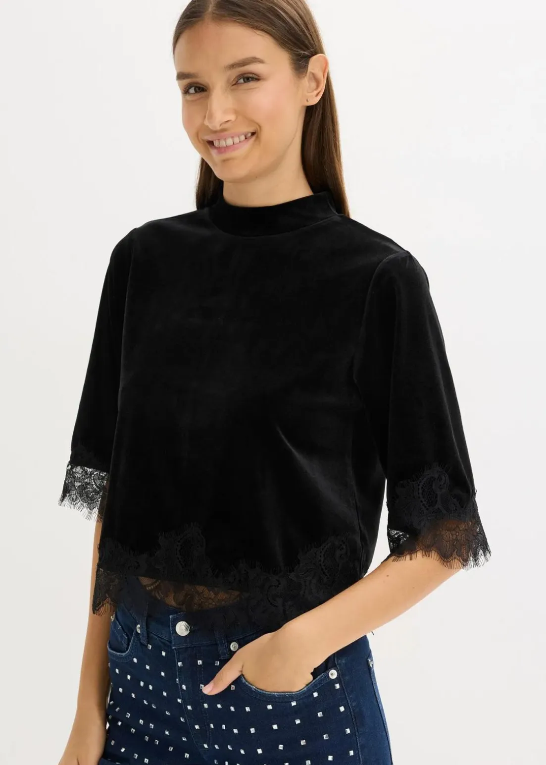 Samtshirt mit Spitze