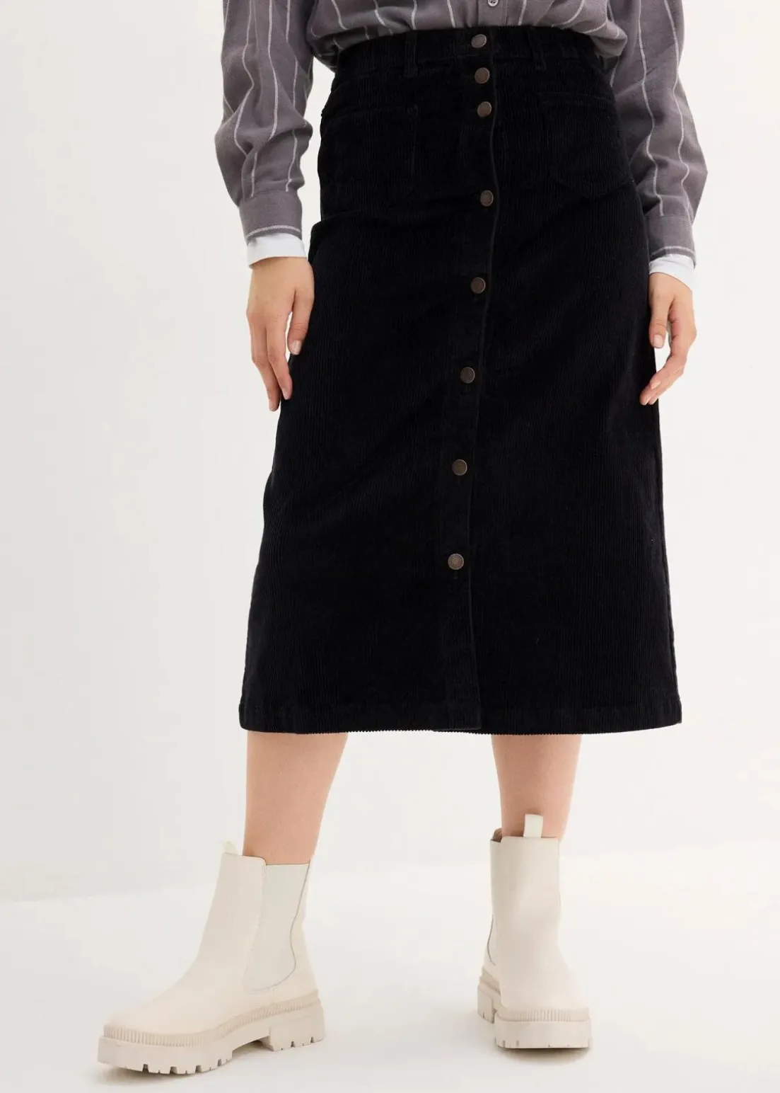 Stretch-Cordrock mit Knopfleiste, Midi-Länge