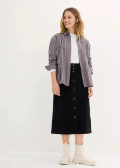 Stretch-Cordrock mit Knopfleiste, Midi-Länge