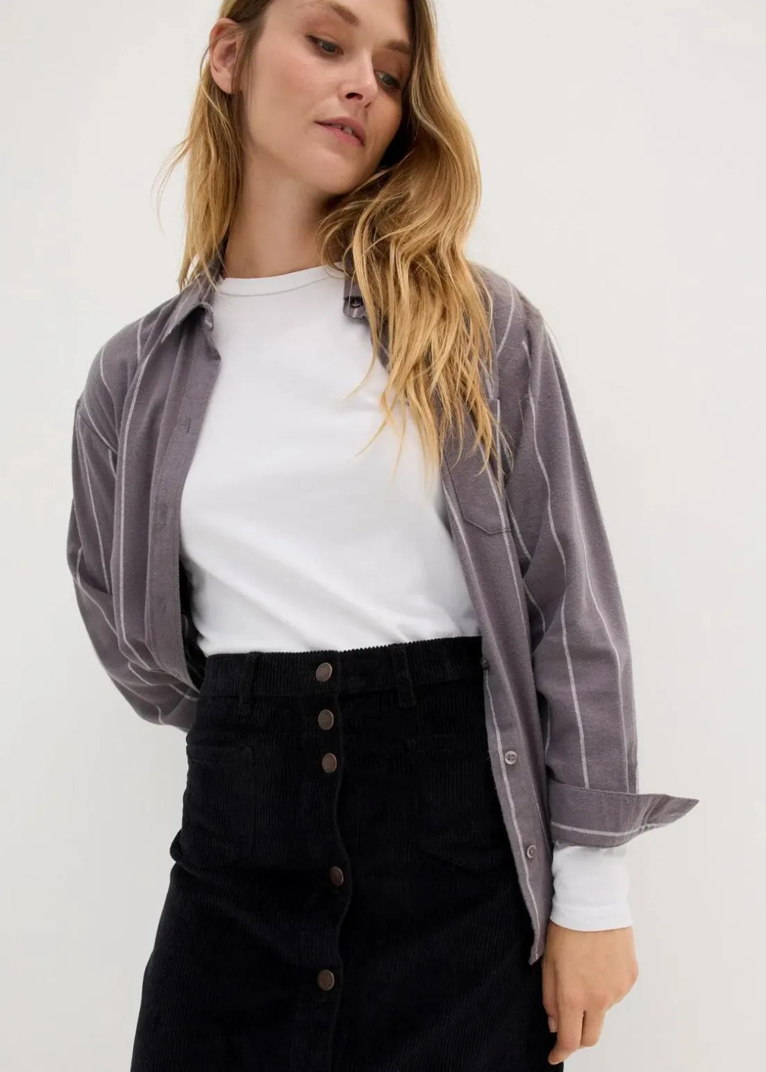 Stretch-Cordrock mit Knopfleiste, Midi-Länge