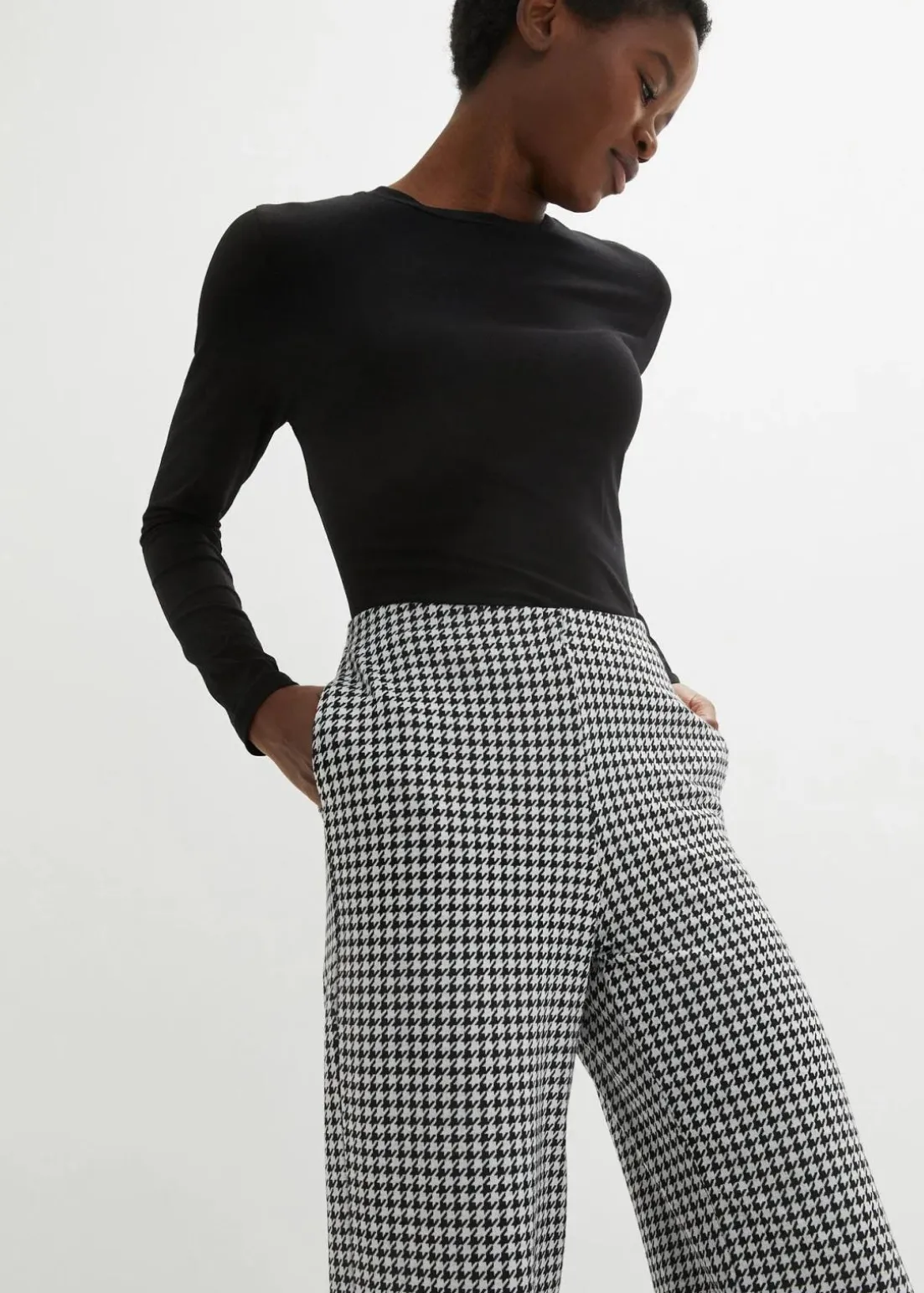 Stretch-Hose mit Hahnentrittmuster, Wide leg