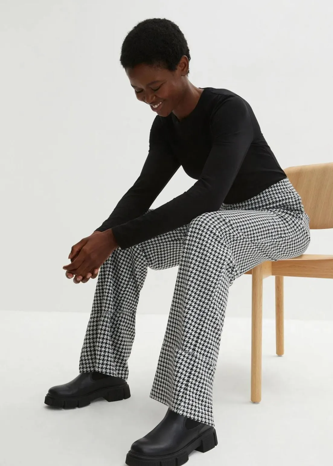 Stretch-Hose mit Hahnentrittmuster, Wide leg