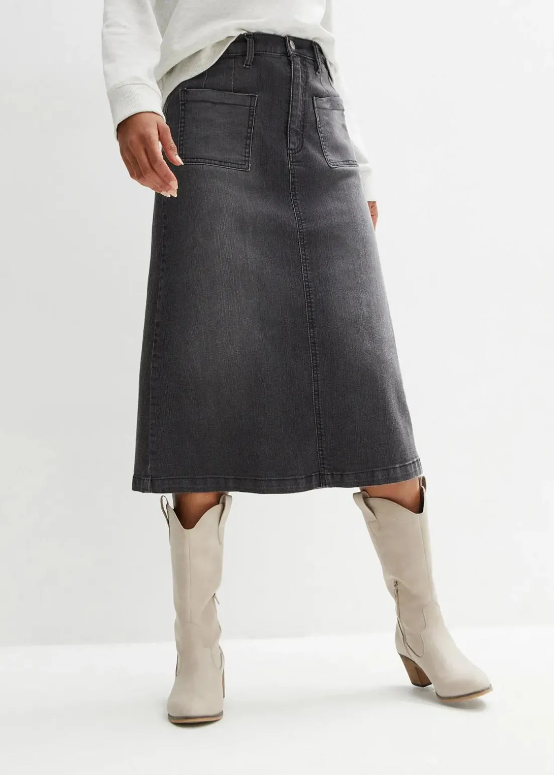 Stretch-Jeansrock, Midi-Länge