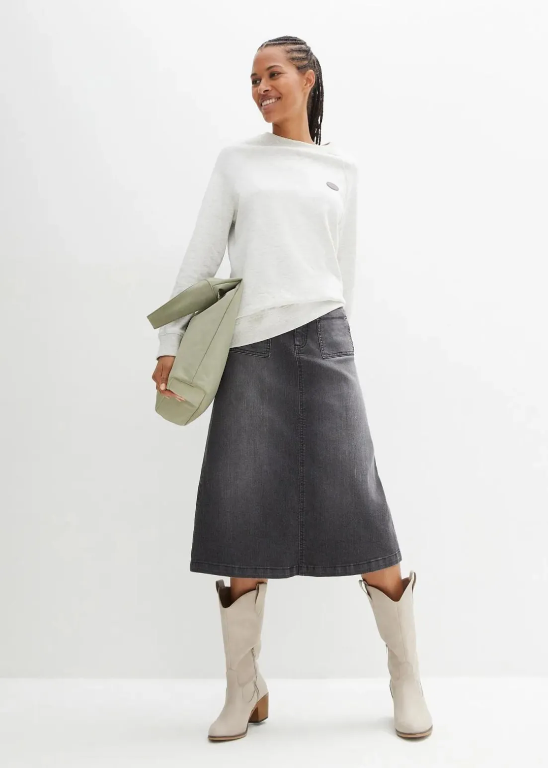 Stretch-Jeansrock, Midi-Länge