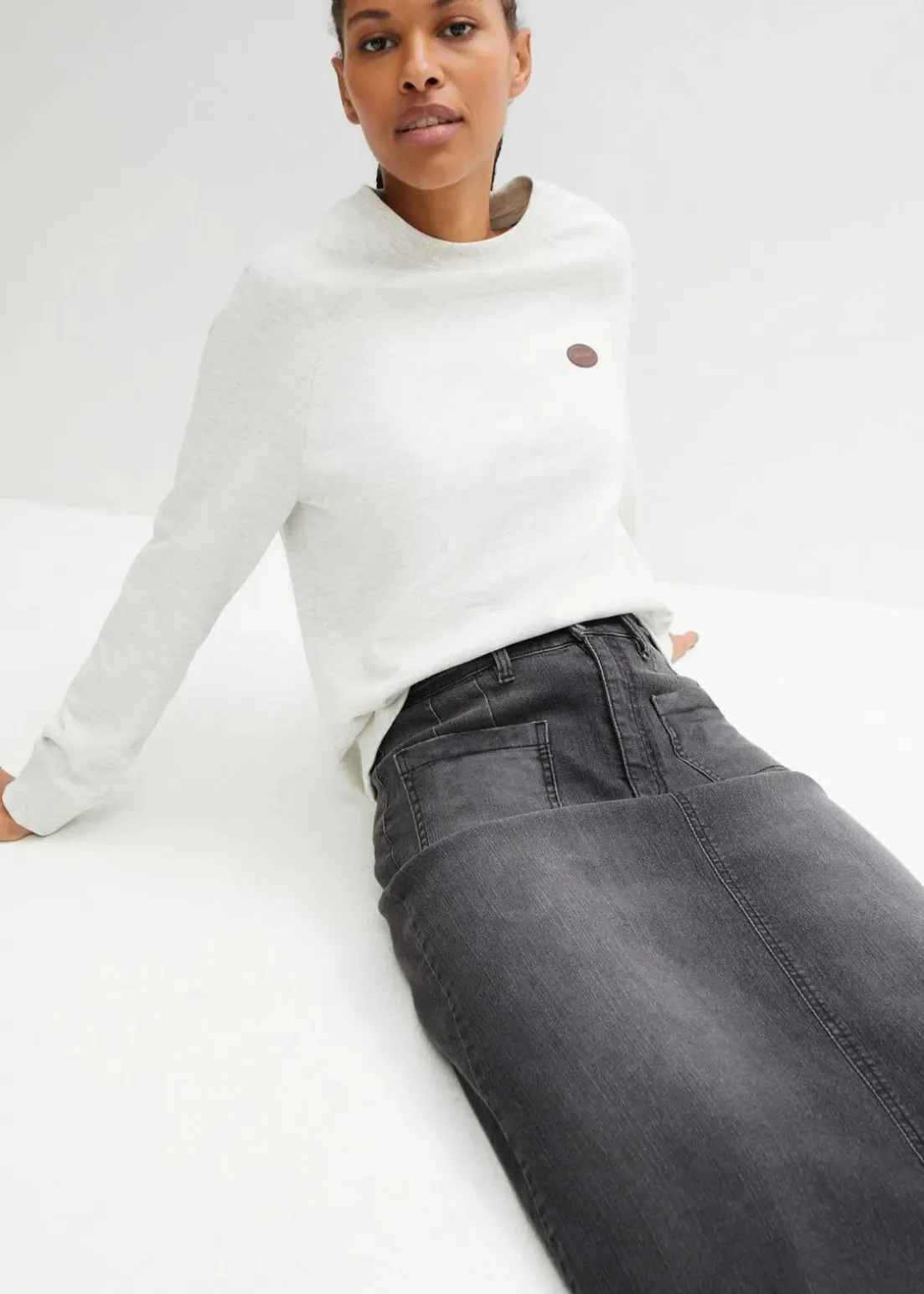 Stretch-Jeansrock, Midi-Länge