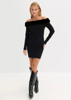 Strickkleid mit Fellimitat-Besatz