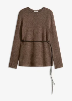 Strickshirt mit Wollanteil und Lederimitat- Bindeband