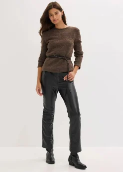 Strickshirt mit Wollanteil und Lederimitat- Bindeband