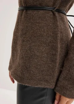 Strickshirt mit Wollanteil und Lederimitat- Bindeband