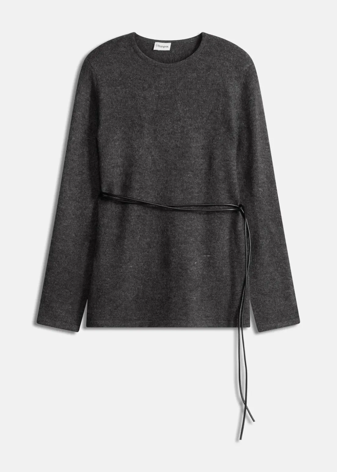 Strickshirt mit Wollanteil und Lederimitat- Bindeband