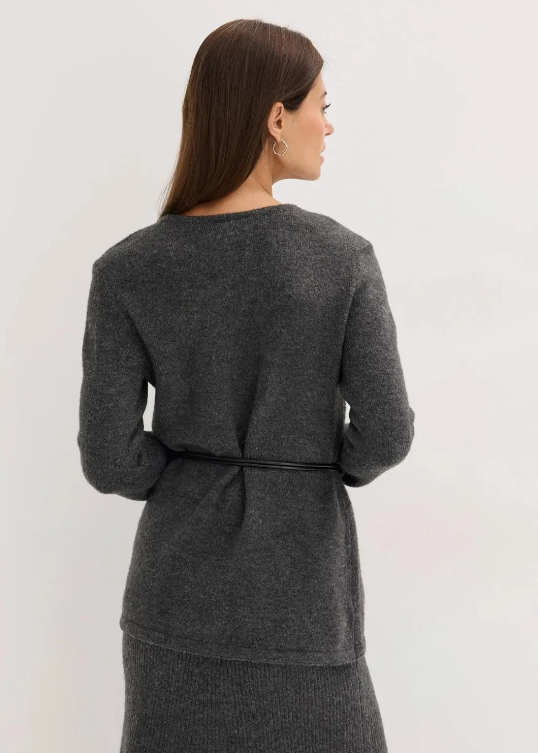 Strickshirt mit Wollanteil und Lederimitat- Bindeband