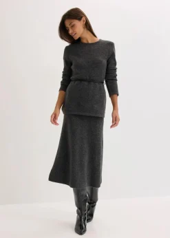 Strickshirt mit Wollanteil und Lederimitat- Bindeband