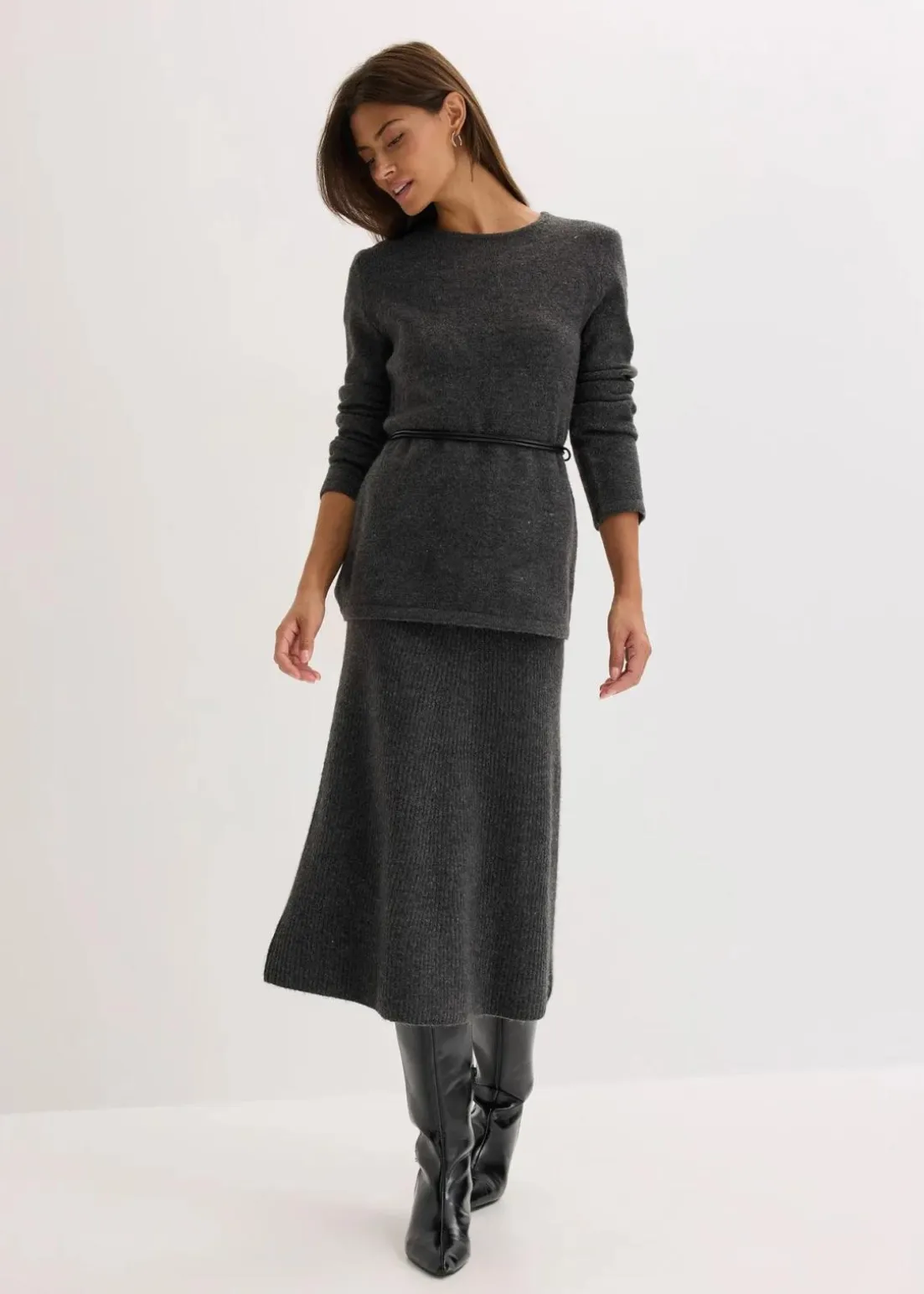 Strickshirt mit Wollanteil und Lederimitat- Bindeband