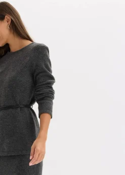 Strickshirt mit Wollanteil und Lederimitat- Bindeband