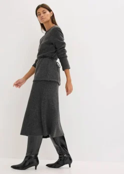 Strickshirt mit Wollanteil und Lederimitat- Bindeband