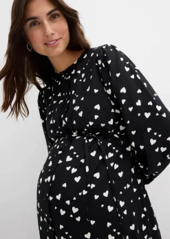 Umstands- und Stillblusenkleid mit süßem Herzendruck aus reiner Viskose