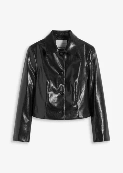 Verkürzte Lederimitat-Jacke mit glossy Krokoprägung