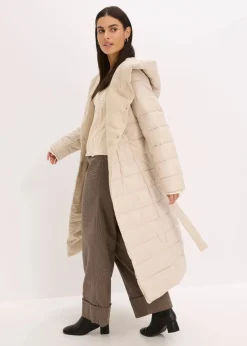 wasserabweisender Steppmantel mit Wollimitat Besatz und Bindegürtel (2-tlg.)