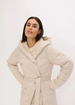 wasserabweisender Steppmantel mit Wollimitat Besatz und Bindegürtel (2-tlg.)