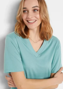 Weites Long-Shirt mit V-Ausschnitt, Kurzarm (5er Pack)