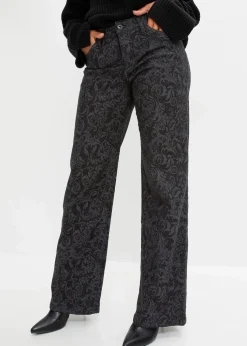 Wide-Leg-Jeans, Mid Waist mit Glanzmuster