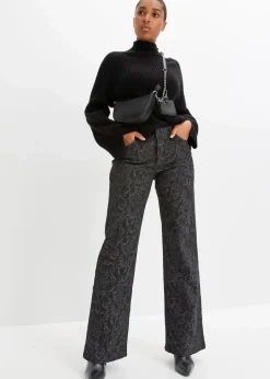 Wide-Leg-Jeans, Mid Waist mit Glanzmuster