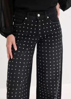 Wide-Leg-Jeans Mid Waist mit Strassapplikation